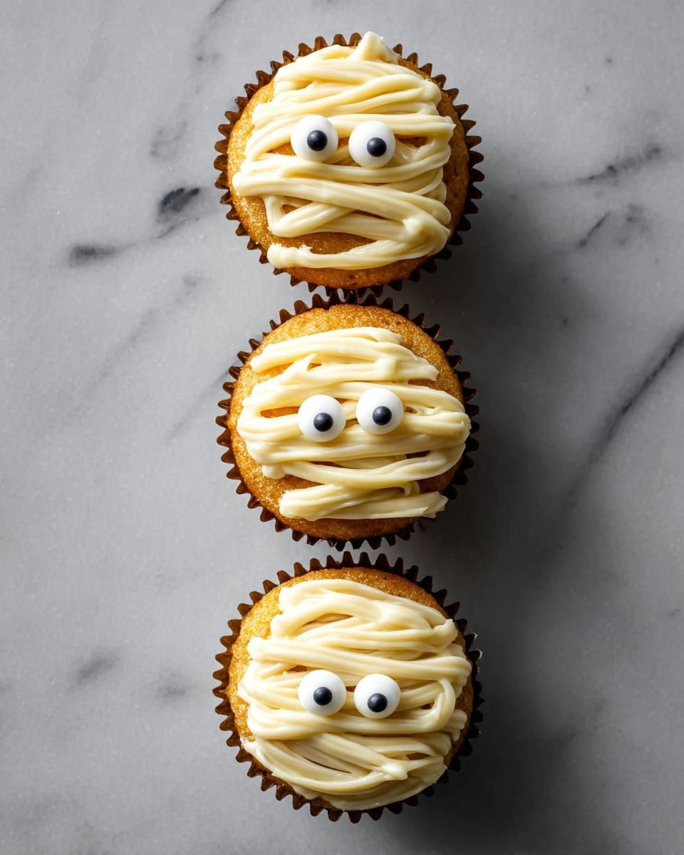 Three mummy-themed cupcakes are arranged vertically on a white marbled surface, each in a brown paper liner. The base layer is golden-brown cupcake, topped with thick, creamy white frosting piped in overlapping strips to look like mummy bandages. Small white candy eyes with black pupils peek through the frosting on each cupcake, placed near the center, giving a playful and slightly spooky look. The texture of the frosting is smooth and slightly glossy, contrasting with the soft cake beneath. photo taken with an iphone --ar 4:5 --v 7