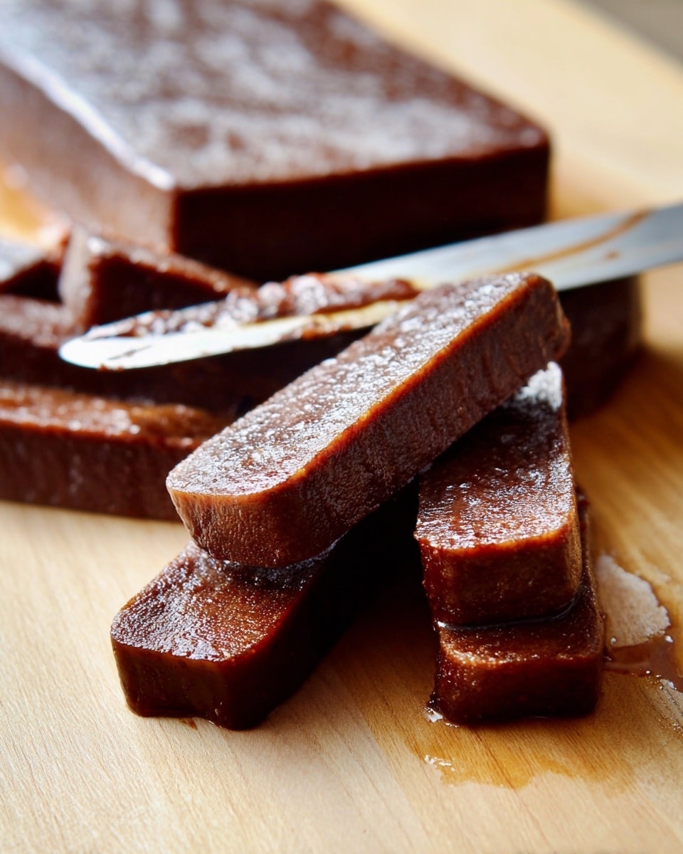 The image shows several thick rectangular bars of dark brown glazed food stacked in the foreground with a shiny, sticky surface. One of the bars is cut in half, revealing a lighter brown, firm interior texture. Behind the cut bars is a larger slab of the same food, slightly out of focus, with a knife resting on it that has some sticky residue on the blade. All items are resting on a light wood board, which contrasts with the deep color of the bars and their glossy coating, photo taken with an iphone --ar 4:5 --v 7