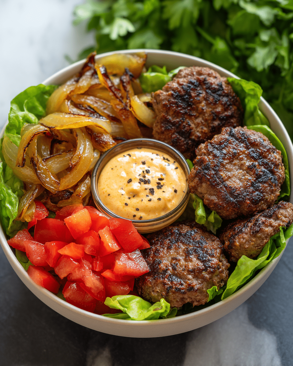 A white bowl on a white marbled surface holds a meal with four main parts. At the bottom is a fresh, bright green lettuce layer covering the bowl. On the left side, there is a dark brown, grilled burger patty with visible char lines and a rough texture. Next to it are three thick, golden-brown potato wedges with crispy edges stacked loosely. Above the patty are three red tomato slices with juicy interiors showing seeds. In the center, close to the tomato and potatoes, is a dollop of creamy white sauce with visible specks, topped with shiny, amber-colored oil and scattered sesame seeds. The scene is well-lit, showing sharp details and a natural look. photo taken with an iphone --ar 4:5 --v 7