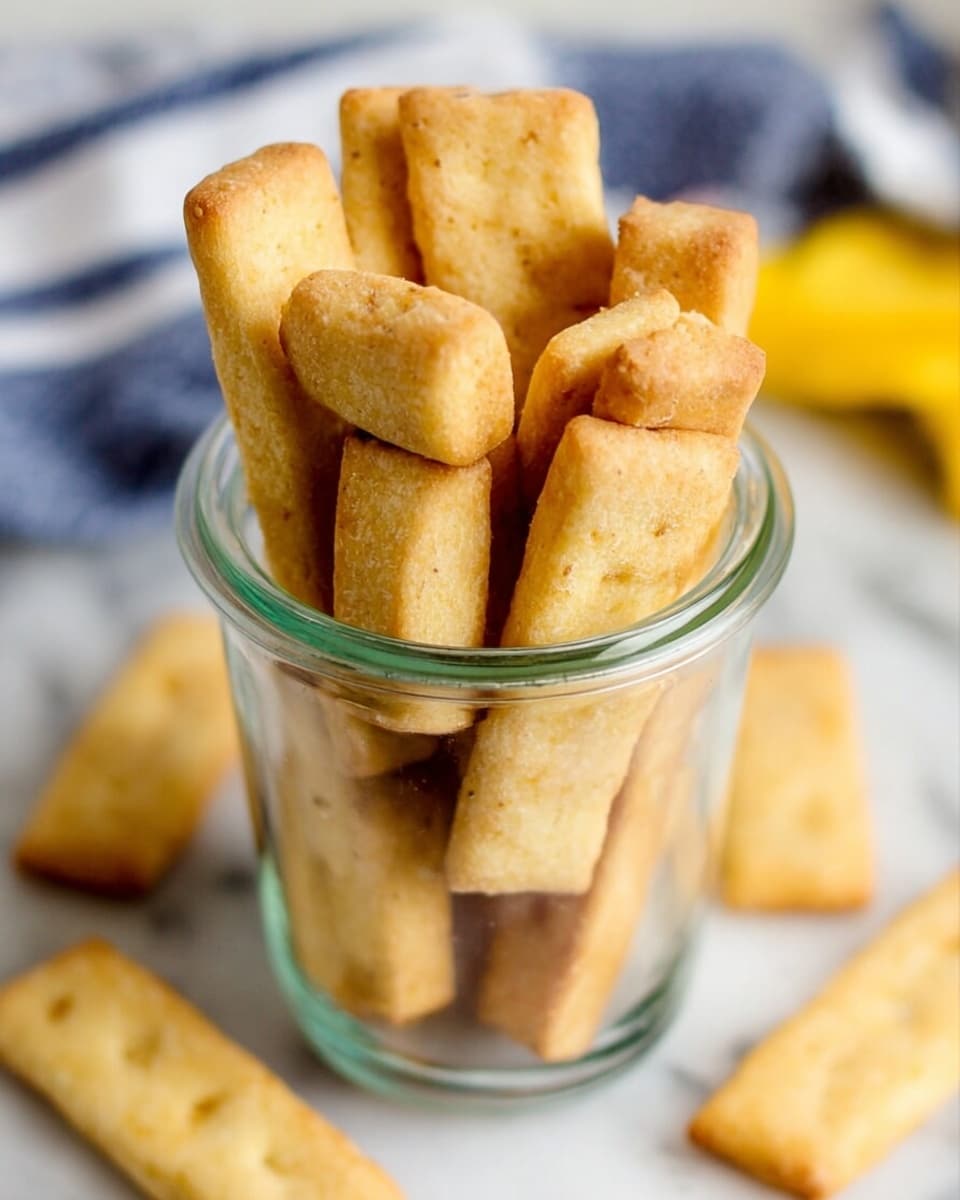 The image shows a clear glass jar filled with rectangular golden brown crackers that have a slightly shiny and smooth surface. The crackers are stacked vertically inside the jar, some leaning against the sides and others packed tightly in the center, with a few crackers scattered loosely around the jar on a white marbled surface. The overall color of the crackers is light golden with subtle browning, giving a fresh-baked look. In the blurred background, part of a yellow item and a blue-and-white striped cloth can be seen. photo taken with an iphone --ar 4:5 --v 7