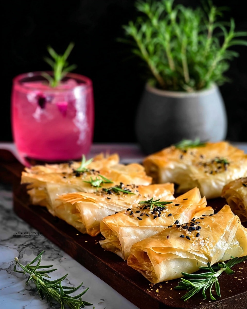 The image shows several golden-brown, crispy pastry rolls arranged in a row on a dark wooden board. Each roll is wrapped with thin, flaky layers slightly folded at the ends, and topped with small black sesame seeds and sprigs of fresh green rosemary scattered over them. In the background, there is a clear glass filled with a bright pink drink garnished with a rosemary sprig, and a grey pot filled with fresh rosemary, all set against a dark backdrop and placed on a white marbled surface. photo taken with an iphone --ar 4:5 --v 7