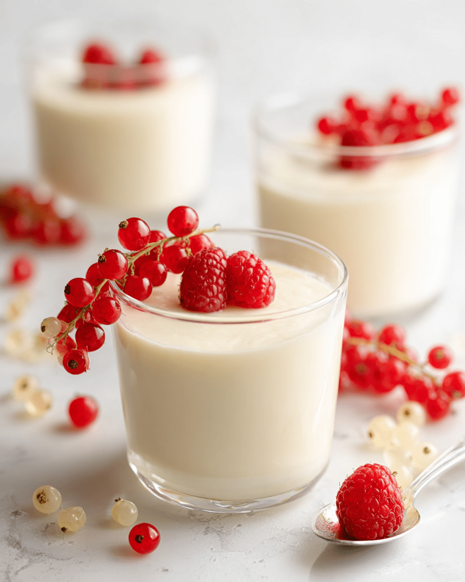 A clear glass holds a smooth, creamy white pudding that fills most of the glass. On top of the pudding, there are three bright red raspberries and a small bunch of shiny red currants placed to one side. In the background, there are two more glasses filled with the same pudding and topped with similar berries, slightly out of focus. Around the glasses, scattered white and red currants add small pops of color on a white marbled surface. To the right side in the foreground, a silver spoon holds a single raspberry resting gently on it. Photo taken with an iphone --ar 4:5 --v 7