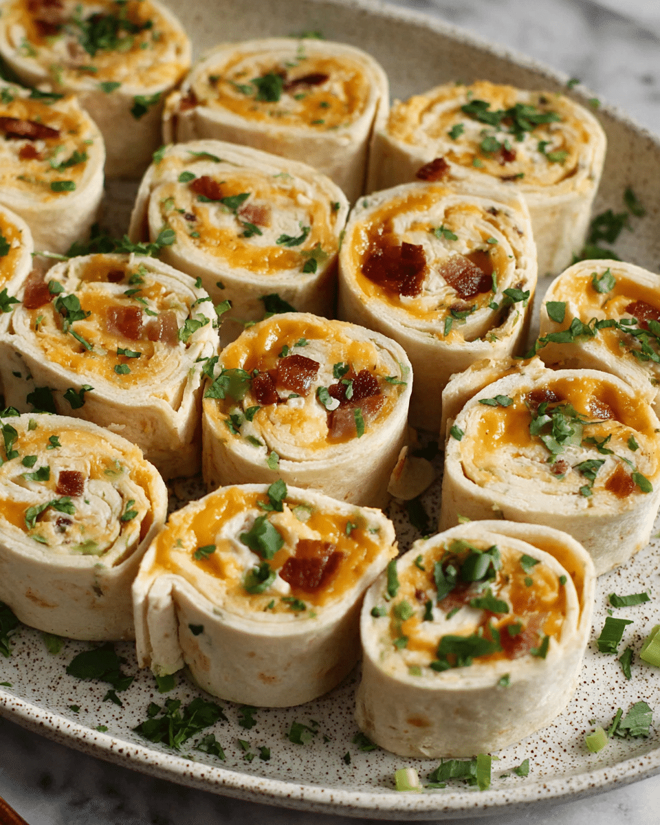 The image shows a close-up view of multiple tiny wraps cut into thick slices and arranged in rows on a speckled white plate. Each wrap slice displays three main layers: a soft, light beige tortilla on the outside, a mix of melted yellow cheese and white creamy filling in the middle, and bits of green herbs and small pieces of red, possibly bacon or peppers, scattered throughout and on top. Small pieces of chopped green herbs are sprinkled over the wraps and around the plate's edge. The plate rests on a white marbled texture. photo taken with an iphone --ar 4:5 --v 7