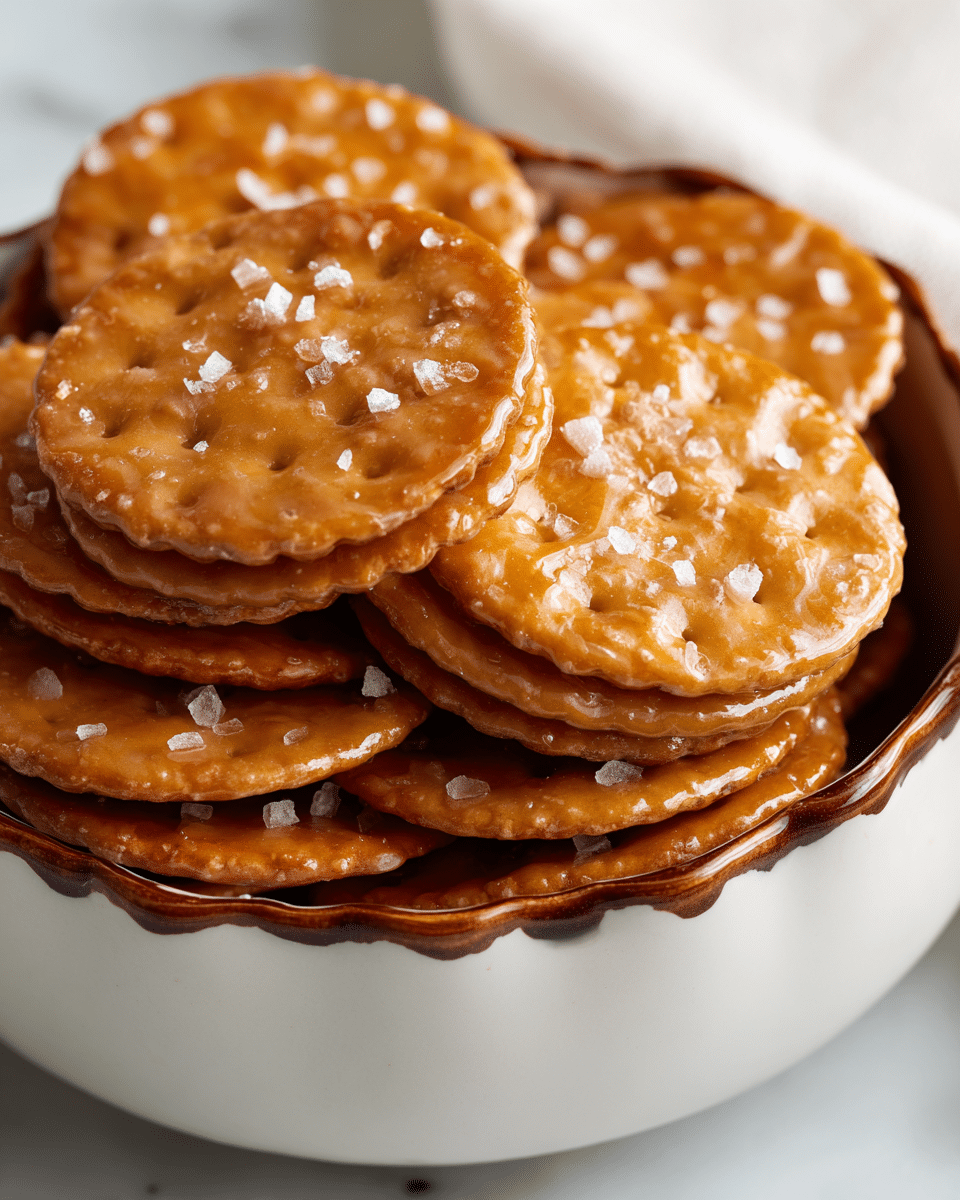 A close-up photo of a full bowl of golden brown round crackers stacked in layers; each cracker is topped with shiny caramel glaze and scattered white coarse salt crystals, showing a slightly rough and crispy texture on the edges. The bowl is white with a brown outside and a scalloped inner edge, placed on a white marbled surface with a soft, blurred background, giving a warm and cozy feel. Photo taken with an iphone --ar 4:5 --v 7