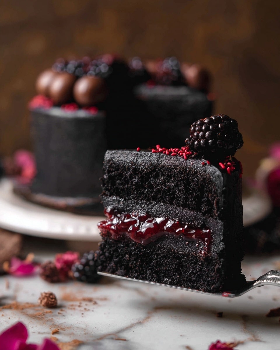 A dark black chocolate cake slice with two thick layers, separated by a glossy red berry jam. The cake has a smooth, rich black frosting on the outside with a few red sprinkles on top. The slice is lifted by a silver cake server, showing the dense black texture of the cake layers and the shiny jam layer in the middle. In the blurred background, there is the rest of the black frosted cake decorated with blackberries and small round chocolate balls, all on a white plate. The scene sits on a white marbled surface with some scattered pink petals and dried flowers around. photo taken with an iphone --ar 4:5 --v 7