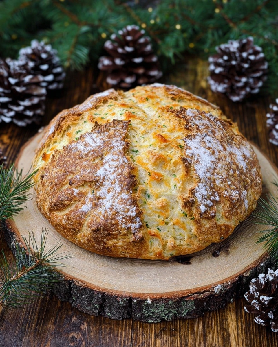 A round, rustic loaf of bread with a rough, golden-brown crust dusted lightly with white flour sits on a natural wood slice with a bark edge. The loaf is scored into six segments, exposing a soft, slightly yellow inside with visible specks of green herbs and melted cheese. The texture of the bread is rough and crunchy, showing baked crevices and cheese bits in the crust. Around the wood slice are dark brown pinecones with white tips and green pine needles, all set on a wooden table. The background is softly blurred pine branches and pinecones. Photo taken with an iphone --ar 4:5 --v 7
