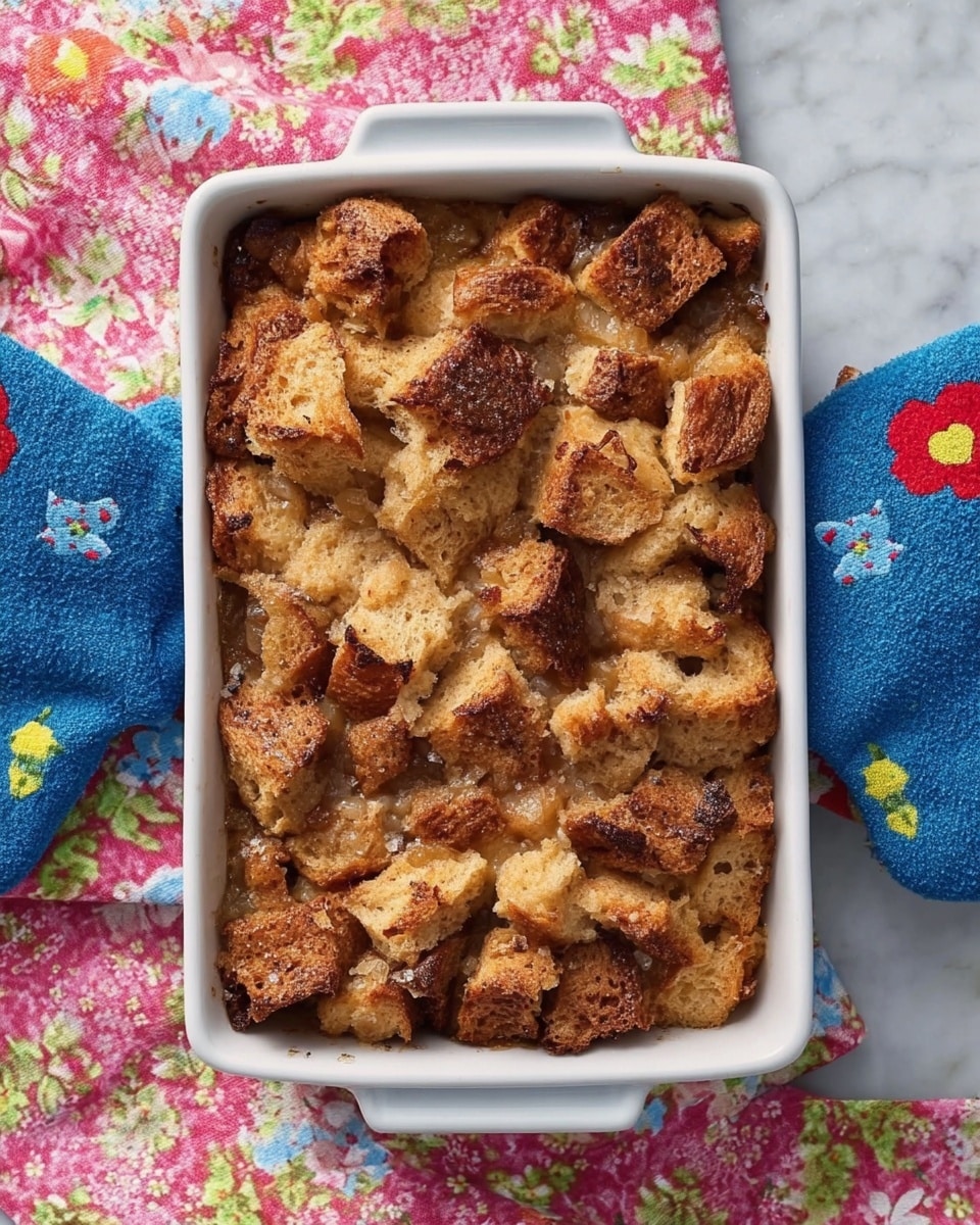 The image shows a rectangular white ceramic baking dish filled with a bread pudding. The pudding is made of golden brown bread cubes that have a slightly toasted, crumbly texture. The top layer consists of unevenly scattered bread pieces with a light brown, crispy crust. The pudding looks moist underneath the crust, with a slightly darker sauce or custard seeping between the bread cubes. The dish is held by a pair of blue oven mitts with small red and yellow flowers on them, resting on a white marbled surface covered partially by a bright floral napkin. Photo taken with an iphone --ar 4:5 --v 7