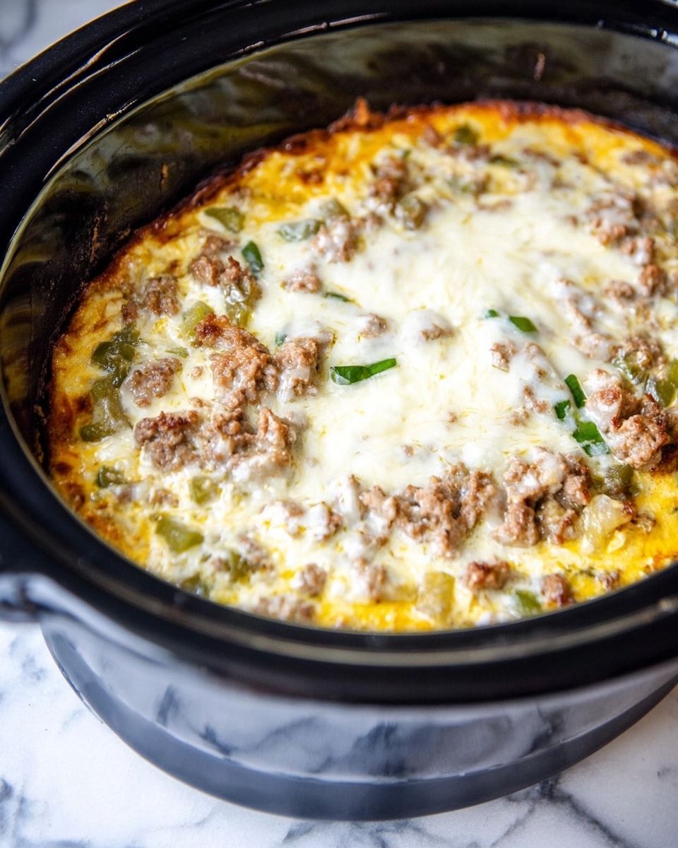A close-up image of a slow cooker filled with a layered dish, starting with a bottom layer of melted cheese that is golden yellow and slightly browned at the edges, followed by a middle layer of cooked ground sausage in light brown scattered unevenly, mixed with chopped green peppers adding green highlights, and topped with a creamy melted cheese layer in off-white that covers the surface smoothly. The dish is contained in the black inner pot of the slow cooker, with the lid partly visible, and the slow cooker rests on a surface with a white marbled texture. photo taken with an iphone --ar 4:5 --v 7