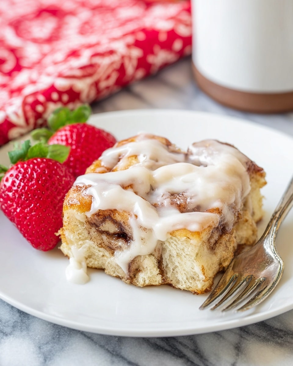 The image shows a white baking dish filled with baked cinnamon rolls cut into pieces, arranged close together in one thick layer. The cinnamon rolls are golden brown with bits of darker cinnamon swirl visible throughout. On top, there is a white icing glaze drizzled unevenly, covering many parts of the rolls, giving a smooth and creamy texture. The dish is placed on a cloth with a red and white pattern and a white marbled surface is seen in the background with a can of cinnamon rolls and a black-handled kitchen utensil blurred in the back. Photo taken with an iphone --ar 4:5 --v 7