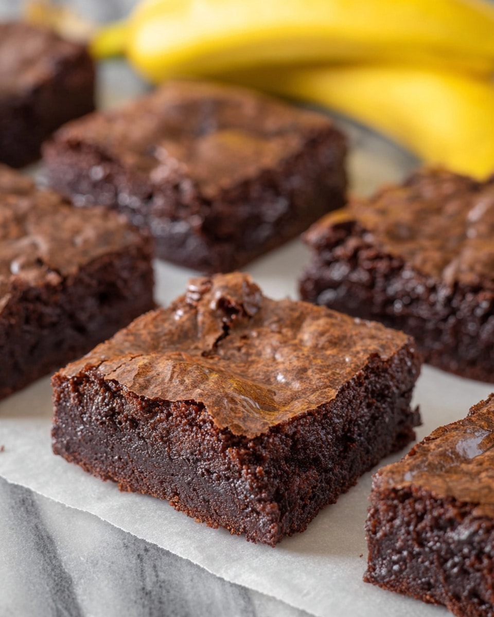 The image shows several square pieces of rich, fudgy brownies placed on a white marbled surface lined with parchment paper. Each brownie has two visible layers: a slightly cracked, shiny dark brown top with a textured, crunchy crust, and a dense, moist, and thick dark chocolate layer underneath. In the background, out of focus, there are two yellow bananas adding a pop of color. photo taken with an iphone --ar 4:5 --v 7