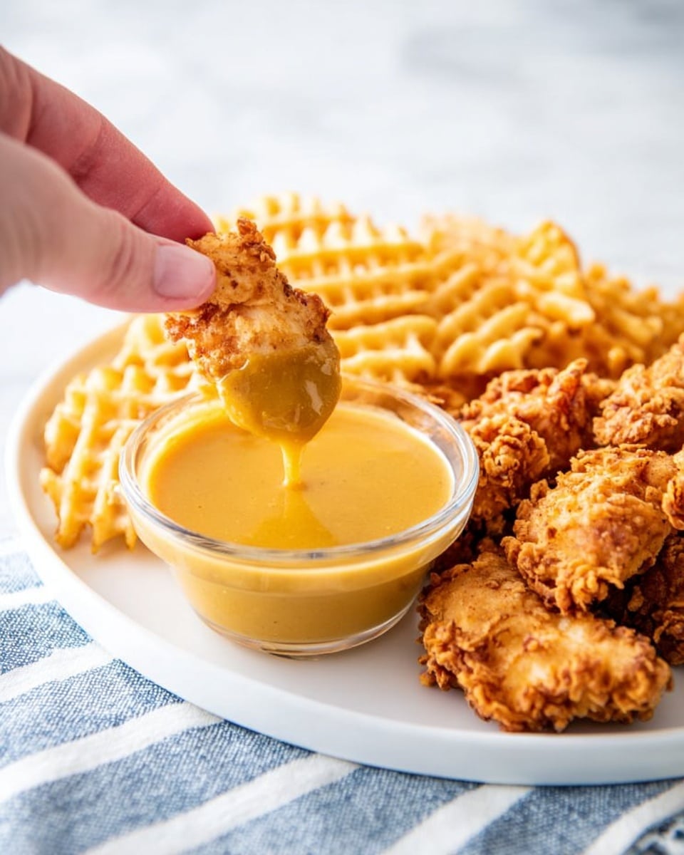 A white plate sits on a white marbled surface with a blue and white cloth underneath. On the plate, there is a small clear glass bowl filled with thick, smooth, golden-yellow dipping sauce. Surrounding the bowl, there are golden brown crispy fried chicken pieces on the right side and a pile of light golden waffle fries with crisscross shapes on the upper left side. A woman's hand is dipping one fried chicken piece into the sauce, showing the texture of the crispy coating. The background is softly lit with a plain white surface. photo taken with an iphone --ar 4:5 --v 7