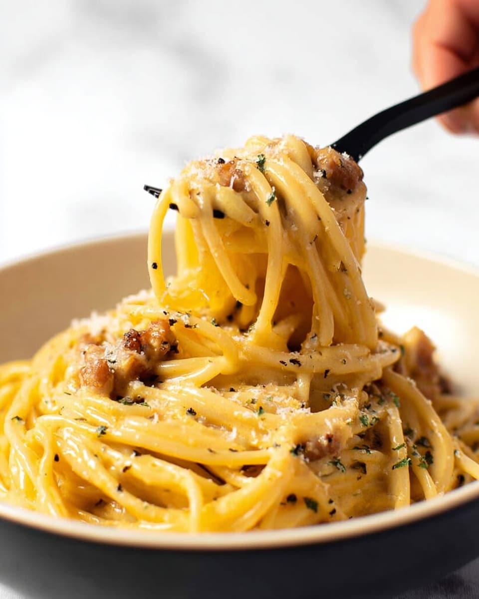 A close-up view of thick spaghetti coated in creamy yellow sauce with small bits of browned meat and specks of black pepper, lifted by a black fork held by a woman's hand from a white bowl. The spaghetti looks smooth and glossy, with the sauce clinging to each strand, while a light sprinkling of grated cheese and chopped herbs is visible on top of the pasta layer inside the bowl. The background has a white marbled texture, giving a clean, bright look. photo taken with an iphone --ar 4:5 --v 7