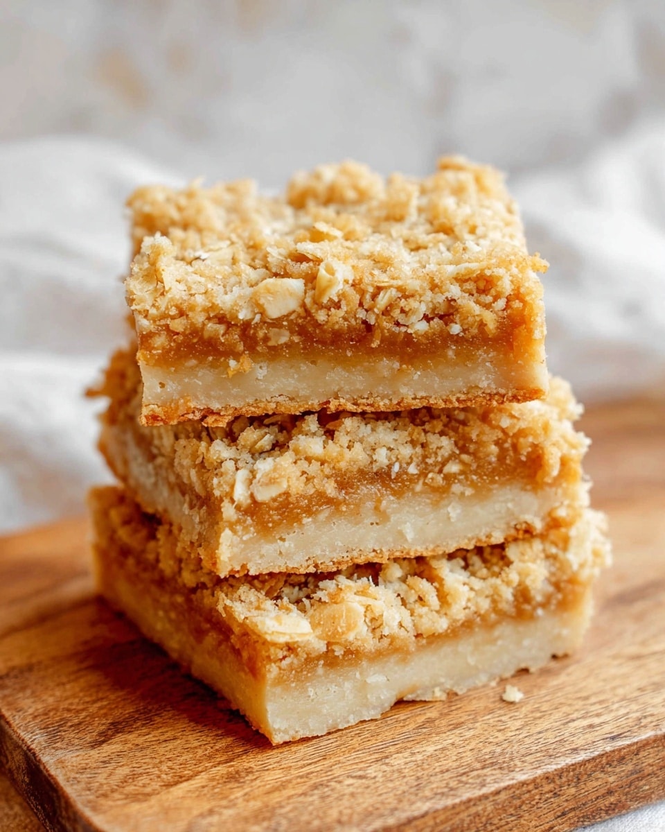 The image shows three square dessert bars stacked on a wooden board against a soft, white marbled background. Each bar has two main layers: the bottom layer is a pale, dense crust with a smooth yet crumbly texture. The top layer is a golden-brown, slightly rough oat crumb topping that looks crispy and crunchy with small bits of oats visible throughout. The bars have clean-cut edges and a soft golden hue that contrasts nicely with the white base layer. Photo taken with an iphone --ar 4:5 --v 7