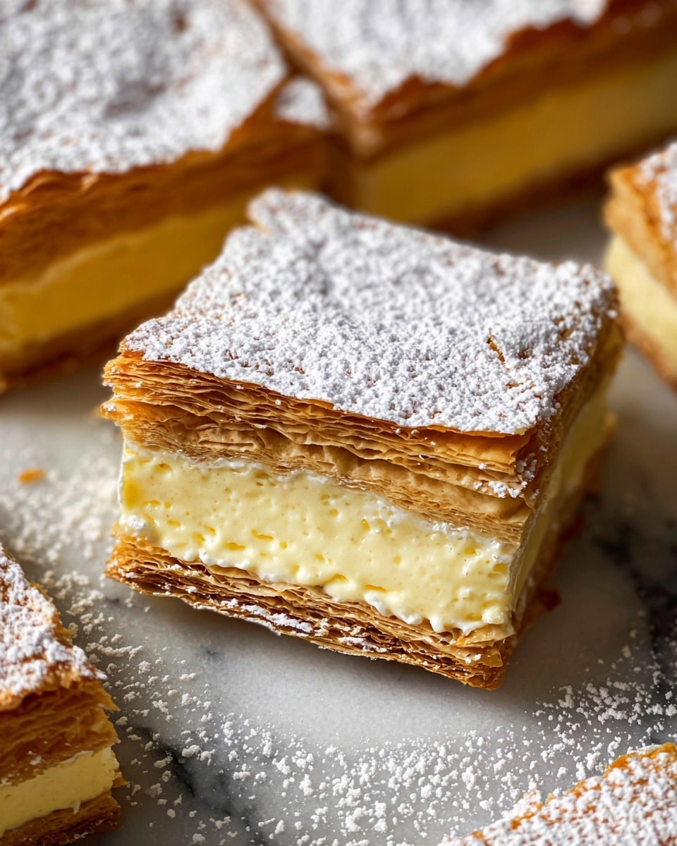The image shows a close-up of a square slice of mille-feuille pastry with three layers: a golden brown, thin, flaky puff pastry on the top and bottom, and a thick, creamy, pale yellow custard filling with visible vanilla bean specks in the center. The top puff pastry layer is dusted generously with powdered sugar. Other similar squares are partially visible around it, all placed on a white marbled surface. photo taken with an iphone --ar 4:5 --v 7