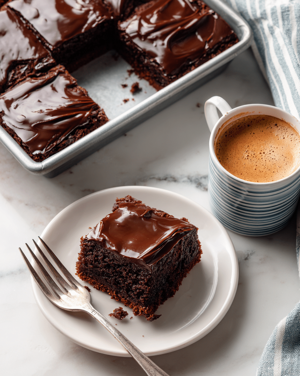A chocolate brownie with a smooth, shiny, dark chocolate top layer is cut into squares; one square is placed on a white plate with a fork beside it, showing the thick, moist dark brown cake layer beneath the glossy chocolate layer. The brownies are shown in a silver baking pan with one piece removed, revealing the rich texture inside. Nearby, a white cup with blue stripes holds a frothy light brown coffee on a white marbled surface. photo taken with an iphone --ar 4:5 --v 7