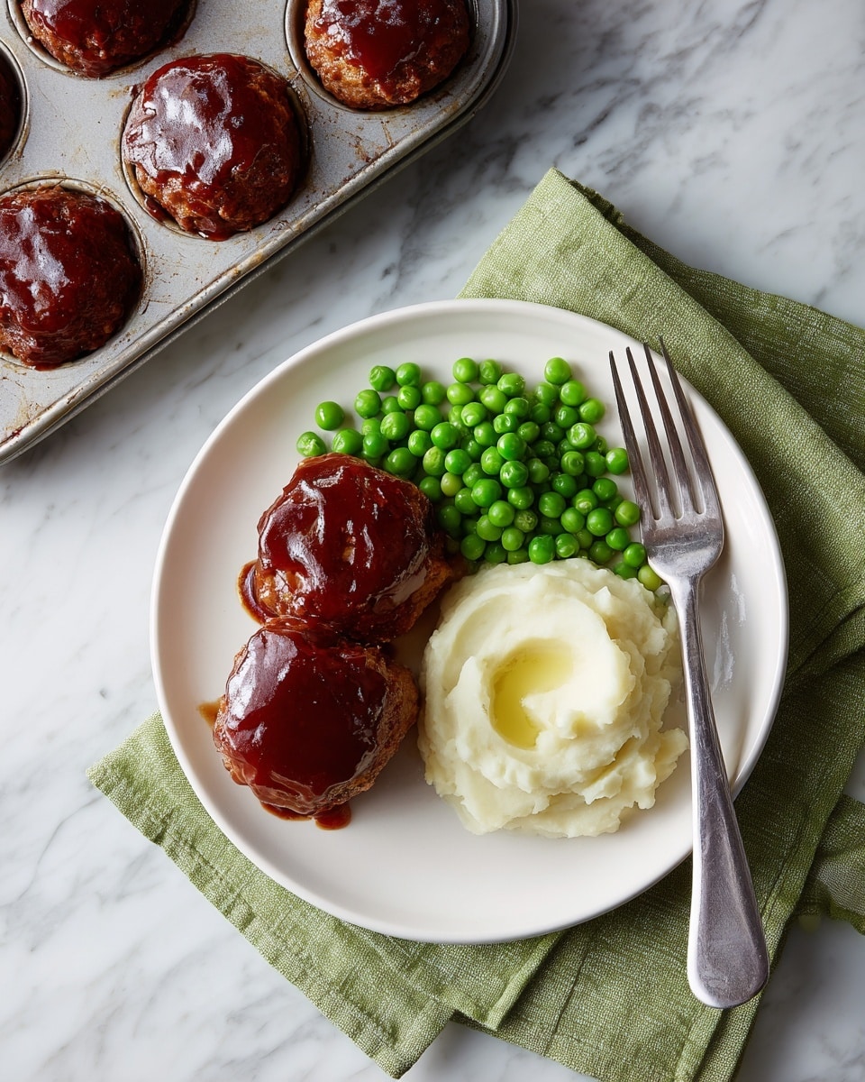A white plate holds a simple meal set on a white marbled surface with a green cloth napkin underneath. On the plate, there are two small round meatloaf pieces covered with a shiny dark brown glaze placed next to a small pile of bright green peas. Beside the peas is a smooth, creamy scoop of mashed potatoes with a slightly dipped center. To the right of the plate lies a silver fork and knife. Nearby, a metal muffin tray with more glazed meatloaf muffins sits on the white marbled surface. Photo taken with an iphone --ar 4:5 --v 7
