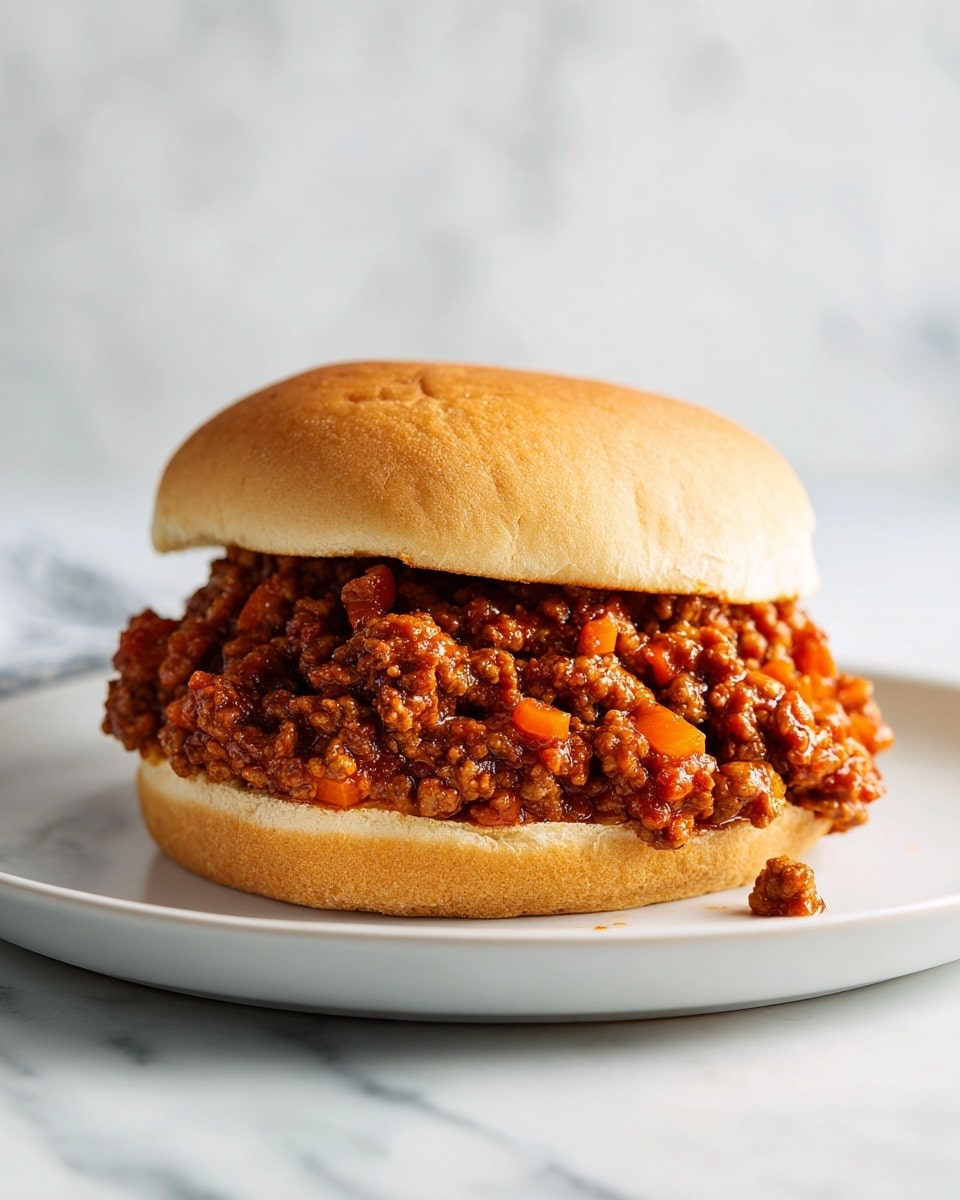 A sandwich with a soft, light brown bun on top and bottom, filled generously with a thick, chunky mixture of ground meat cooked with small pieces of orange carrots and translucent cooked onions in a rich reddish-brown sauce that looks moist and savory. The filling slightly overflows from the sides, showing its hearty texture, all placed on a simple white plate on a white marbled surface. photo taken with an iphone --ar 4:5 --v 7