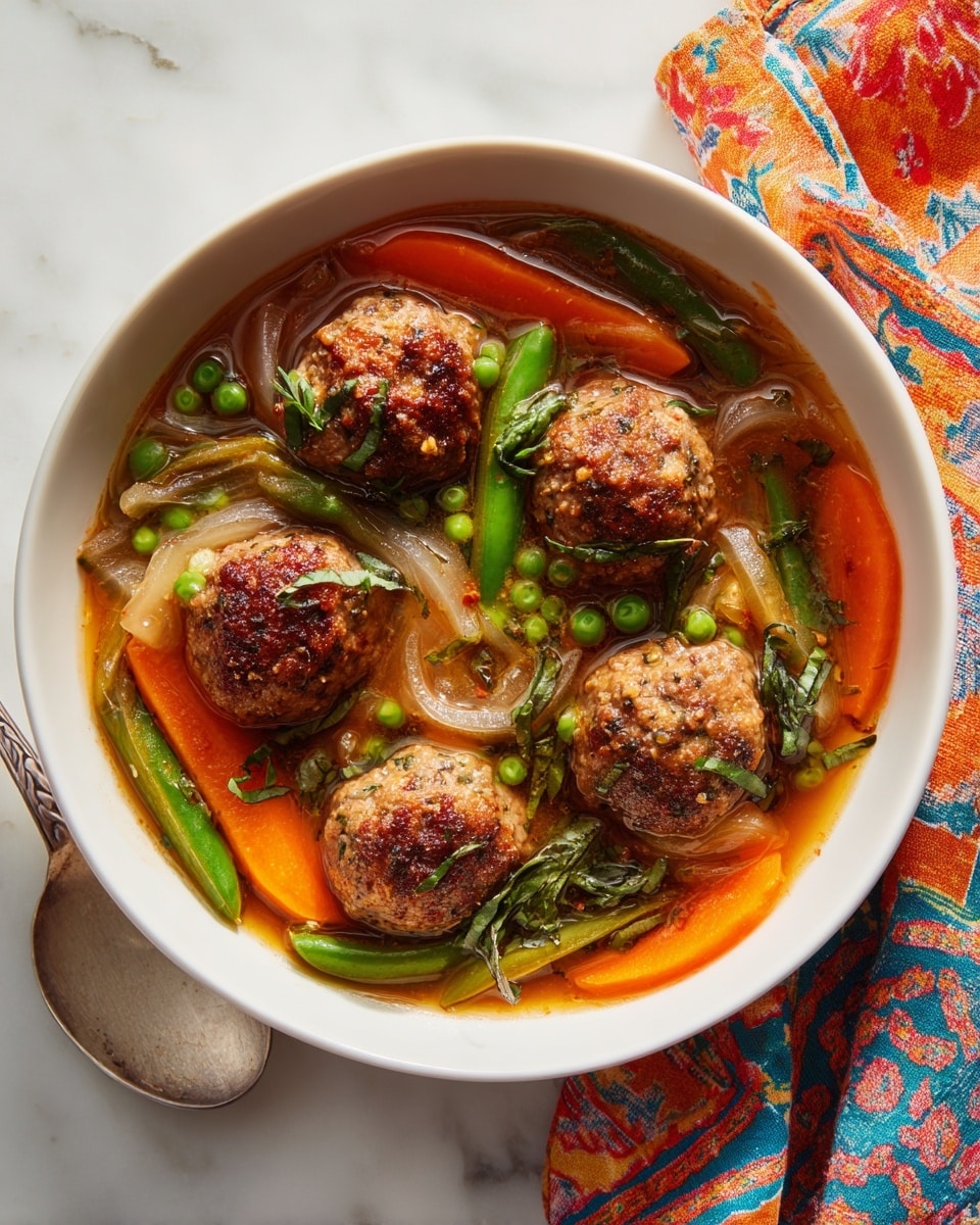 A white bowl filled with a stew made of five light brown meatballs with bits of herbs, surrounded by bright orange carrot slices, green peas, and green beans, all in a light reddish broth. There are pieces of translucent onions and green leafy herbs sprinkled on top. The bowl sits on a white marbled surface, next to a silver spoon with a white handle resting on a colorful cloth with orange and blue patterns. photo taken with an iphone --ar 4:5 --v 7