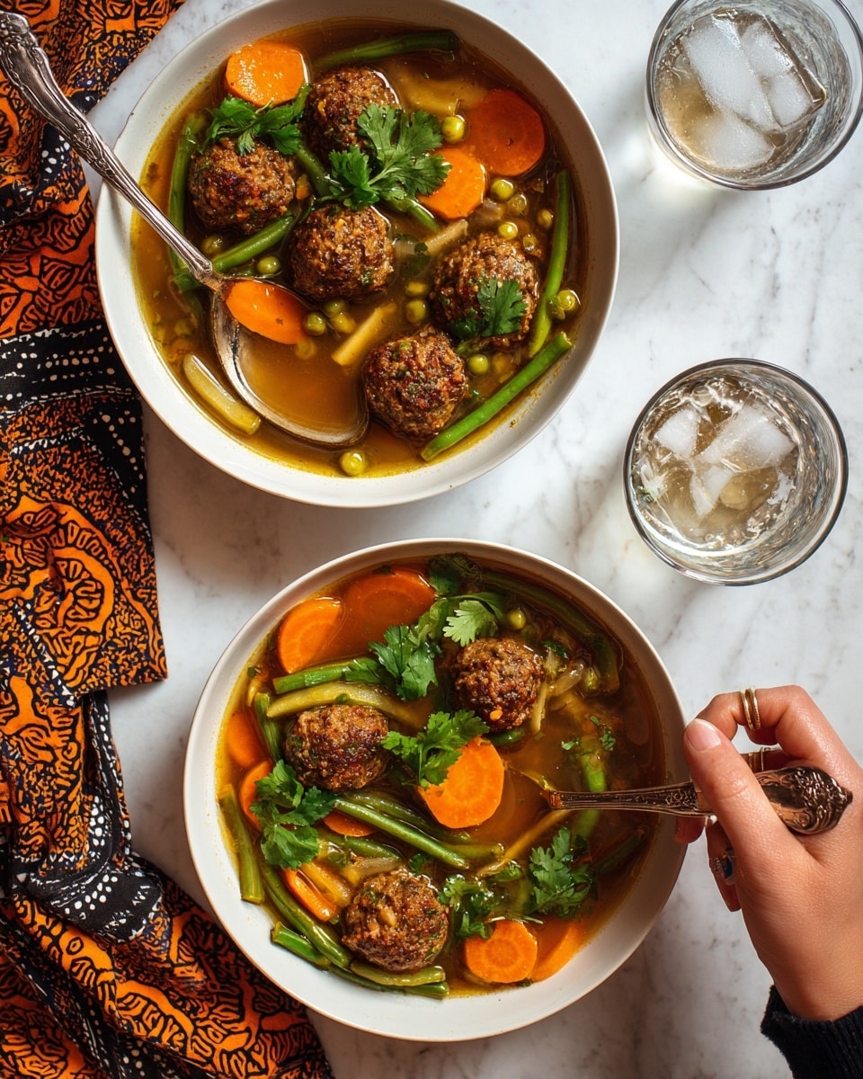 The image shows two white bowls filled with a colorful soup made of meatballs, sliced orange carrots, green beans, and green peas in an orange-brown broth. Each bowl contains five round, textured meatballs on top, surrounded by bright vegetables and sprinkled with fresh green cilantro leaves. A woman's hand holding a spoon is stirring the soup in the top-left bowl, while the bottom-right bowl sits on a white marbled surface next to a silver spoon and a glass of water with ice. A patterned cloth with orange, black, and white colors lies beside the bowls. Photo taken with an iphone --ar 4:5 --v 7