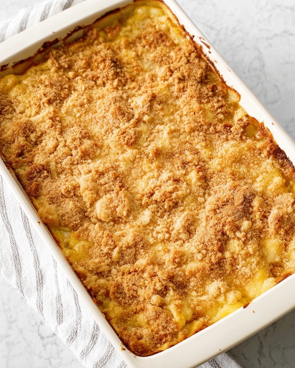 A rectangular white ceramic baking dish filled with a golden brown baked dessert. The top layer is thick and crumbly with a mix of light brown and golden tones, showing a crunchy texture with some unevenness, cracks, and crumbles. Peeking around the edges are gooey, yellow layers of melted filling, contrasting with the crust. The dish sits on a white marbled surface, and a white and gray striped cloth napkin is partially visible nearby. photo taken with an iphone --ar 4:5 --v 7