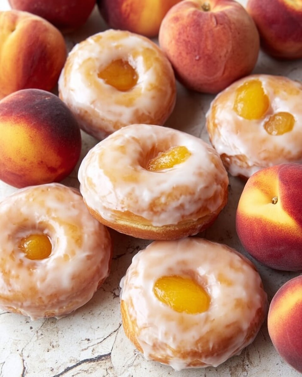 The image shows several peach-glazed donuts placed on a white marbled surface with a rough texture. Each donut has three layers: a soft golden-brown dough base, a glossy white glaze covering the whole surface, and a bright yellow peach filling in the middle on top. Surrounding the donuts are whole fresh peaches with a fuzzy texture and red, orange, and yellow colors. The peaches and donuts are stacked closely, filling the frame with a warm and fresh look. Photo taken with an iphone --ar 4:5 --v 7