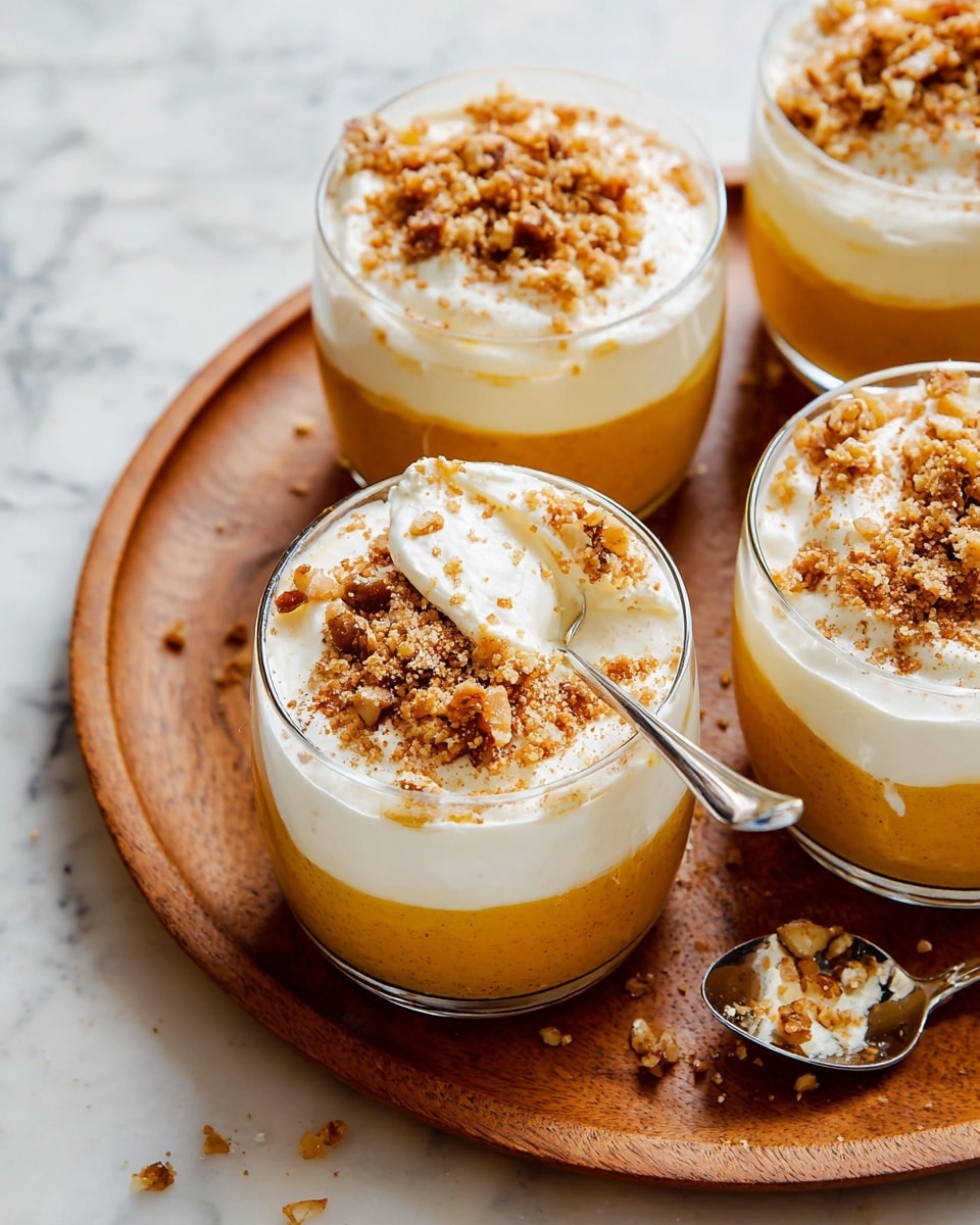 The image shows four clear glass cups filled with a two-layer dessert resting on a round wooden tray placed on a white marbled surface. Each cup has a bottom layer of smooth, orange-colored pumpkin puree topped with a thick, creamy white layer of whipped cream or mousse. The white layer is sprinkled generously with crumbled brown nuts and spices. One cup in the front right has a silver spoon scooping into the creamy top layer, showing a mix of both white and orange layers. Small crumbs are scattered on the tray around the cups. photo taken with an iphone --ar 4:5 --v 7