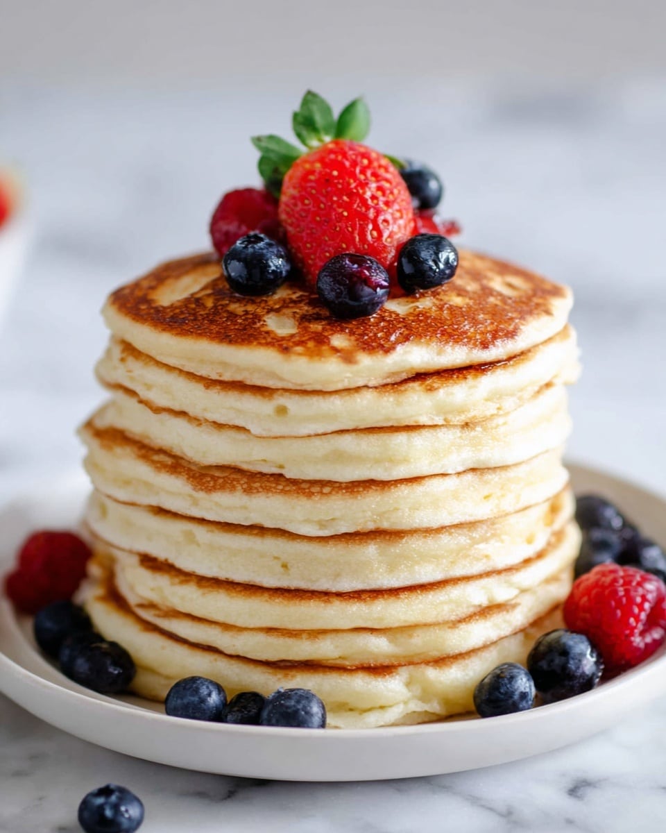 A tall stack of seven golden brown pancakes sits on a white plate, each pancake fluffy with light spots showing their soft texture. The top pancake is decorated with fresh berries including a half-cut bright red strawberry, two deep blue blueberries, and a red raspberry with a small green leaf. More blueberries are scattered around the base of the stack on the plate. The background is a clean white marbled texture, making the colors of the pancakes and berries stand out clearly. photo taken with an iphone --ar 4:5 --v 7