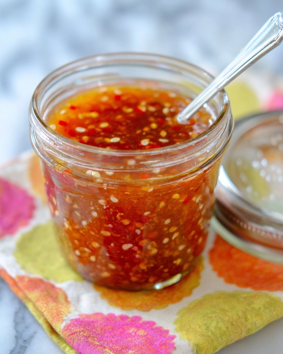 A clear glass jar filled with a reddish sauce containing visible white and red chili flakes, resting on a colorful cloth with a pattern of yellow and pink circles, placed on a white marbled surface; a metal spoon is inside the jar on the left side, while the jar's glass lid is set nearby on the right side, blurred in the background. photo taken with an iphone --ar 4:5 --v 7