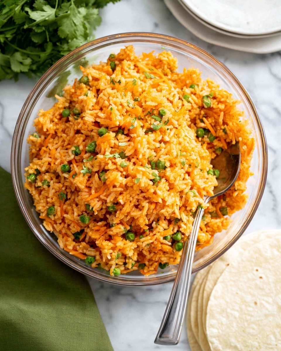 A clear glass bowl holds a generous serving of orange-colored rice mixed with small green peas and tiny bits of carrot, creating a colorful and textured appearance; a metal spoon is standing inside the bowl on the right side. The bowl is placed on a white marbled surface with a folded green cloth nearby on the left and a small stack of white tortillas on the lower right. In the background, slightly out of focus, there is a bunch of fresh green herbs. photo taken with an iphone --ar 4:5 --v 7