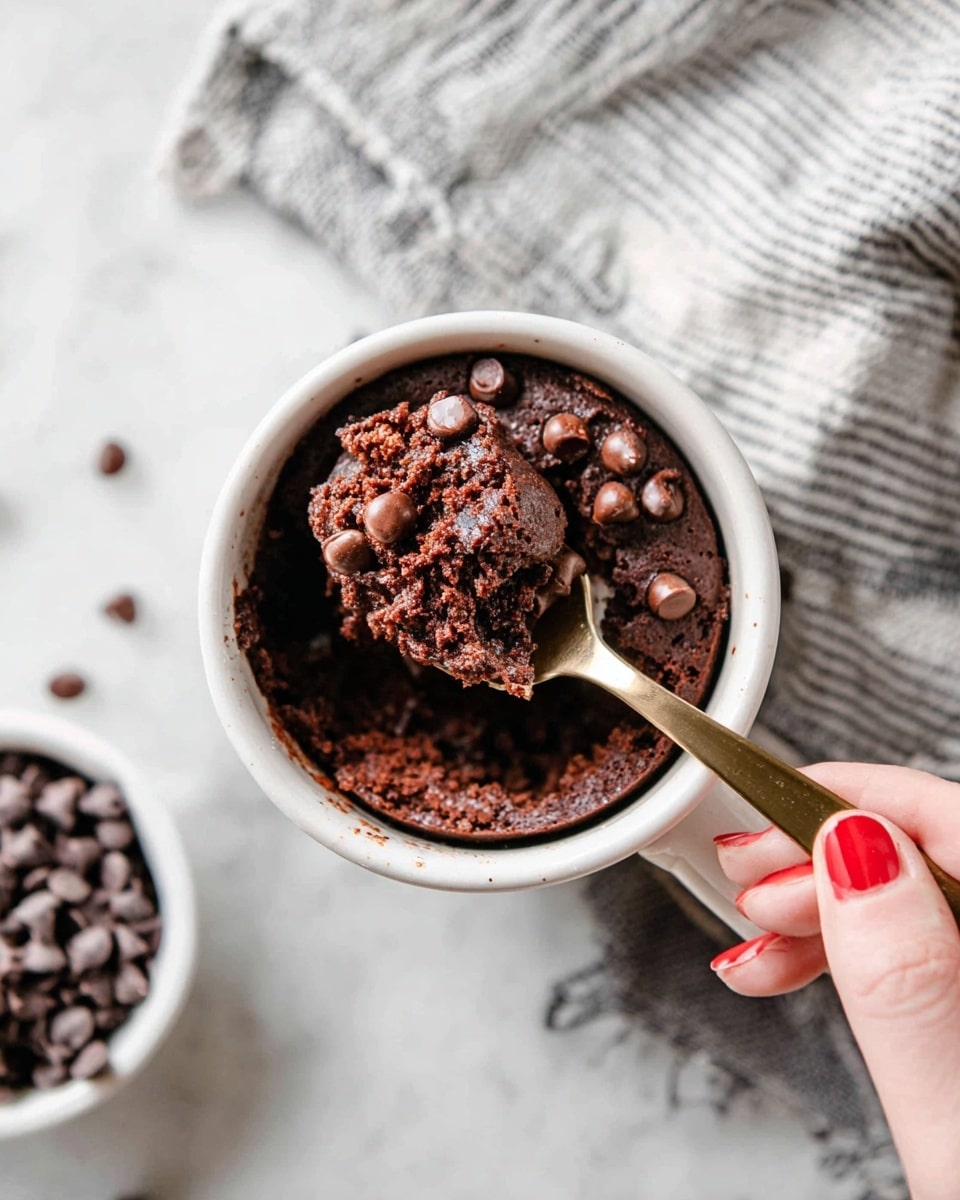 A white mug filled with a warm, moist chocolate cake, showing one layer of rich, dark brown cake with melted chocolate chips scattered inside, being scooped up by a gold spoon held by a woman's hand with red nail polish; around the mug, a white marbled surface with a gray and white striped cloth and a small white bowl filled with dark chocolate chips in the bottom left corner. photo taken with an iphone --ar 4:5 --v 7