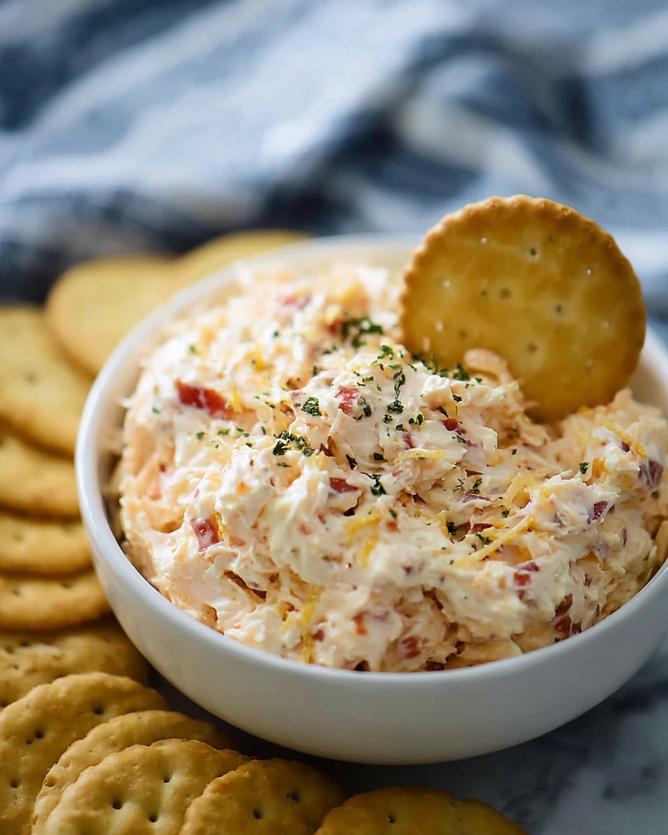 A close-up of a white bowl filled with a creamy, chunky orange and white cheese spread mixed with small bits of red and green herbs. The spread has a soft texture with visible shreds and a sprinkling of finely chopped green herbs on top. A single round, golden cracker is partially dipped into the spread, standing upright at the center. Around the bowl, more round golden crackers are arranged flat, slightly overlapping each other. The scene is set on a white marbled surface, with a soft, out-of-focus blue and white striped cloth in the background. photo taken with an iphone --ar 4:5 --v 7