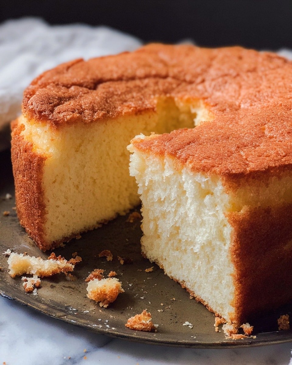 The image shows a round sponge cake with one slice removed, revealing a soft, light, and airy inside with a pale yellow color. The cake has a thick, golden-brown crust around the sides and bottom, with a slightly cracked top in a warm light brown shade. The cake sits on a dark tray with some crumbs scattered around it. The background is a white marbled texture. photo taken with an iphone --ar 4:5 --v 7