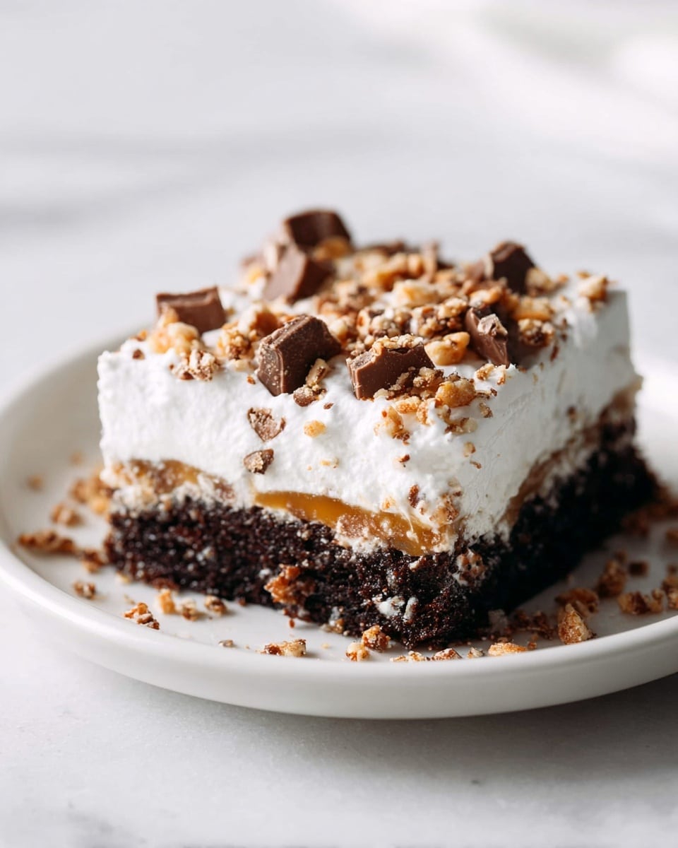 A square piece of dessert with three clear layers sits on a white plate on a white marbled surface. The bottom layer is dark brown and looks moist and dense, resembling a brownie. Above it is a thin, gooey caramel-colored layer visible in the middle. The top layer is thick, fluffy white cream spread evenly with small chunks of broken candy in light brown and dark chocolate tones sprinkled on top and around the plate. Photo taken with an iphone --ar 4:5 --v 7