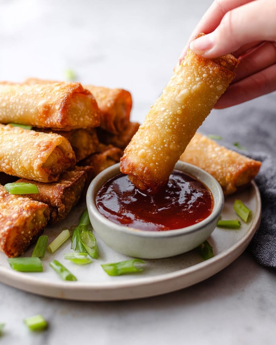 The image shows several crispy golden-brown egg rolls with a bubbly texture stacked on a white plate. One egg roll is being dipped into a small bowl of dark red sweet and sour sauce with a shiny, smooth surface, held by a woman's hand. The plate has small, bright green chopped scallions scattered around. All is set on a white marbled surface with soft natural light, giving a fresh and inviting look. Photo taken with an iphone --ar 4:5 --v 7
