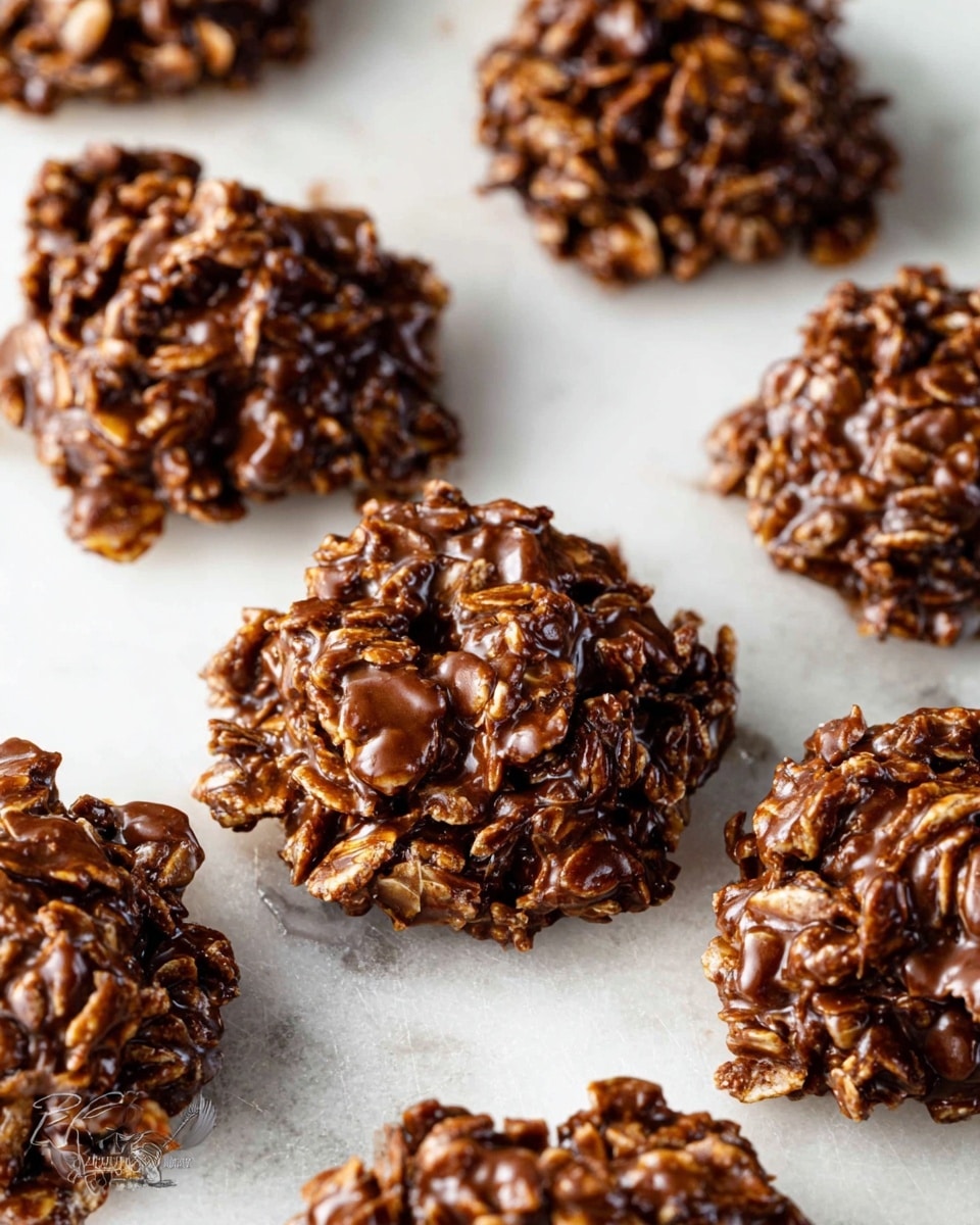 A close-up view of several no-bake chocolate oatmeal cookie clusters arranged on a white marbled surface, each cluster made up of a single layer composed of glossy, dark brown chocolate mixed with visible, textured oatmeal flakes, giving a rough and chunky appearance, with irregular shapes and sizes, some edges showing bits of oats sticking out, all reflecting a slight shine that highlights the moist texture of the chocolate coating photo taken with an iphone --ar 4:5 --v 7
