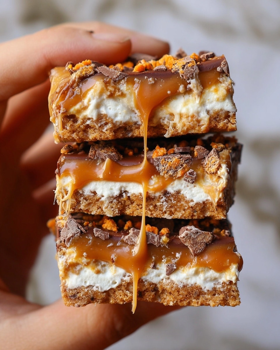 A close-up view of three stacked bar pieces held between a pair of fingers, showing three clear layers in each bar: the bottom layer is a firm, light brown cracker base; the middle layer is thick, white marshmallow fluff; the top layer is a gooey, golden caramel drizzled with small chocolate chunks and sprinkled with orange crumbly bits. The caramel looks sticky and is stretching down in thin strands from the edges. The background is a soft focus with a white marbled texture. photo taken with an iphone --ar 4:5 --v 7