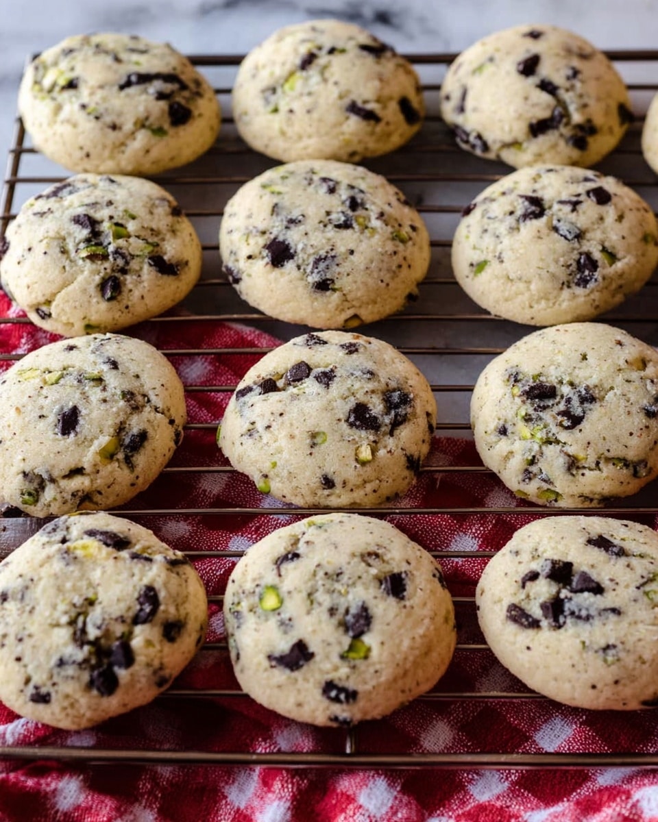 The image shows a close-up of eleven round, soft cookies cooling on a dark wire rack. Each cookie has a light beige base with small scattered chunks of dark chocolate and tiny bits of green pistachio pieces showing throughout. The cookies have a slightly cracked, textured surface with a fluffy, slightly puffy shape. The wire rack is placed on a white marbled surface partially covered with a red and white checkered cloth on the right side. Photo taken with an iphone --ar 4:5 --v 7