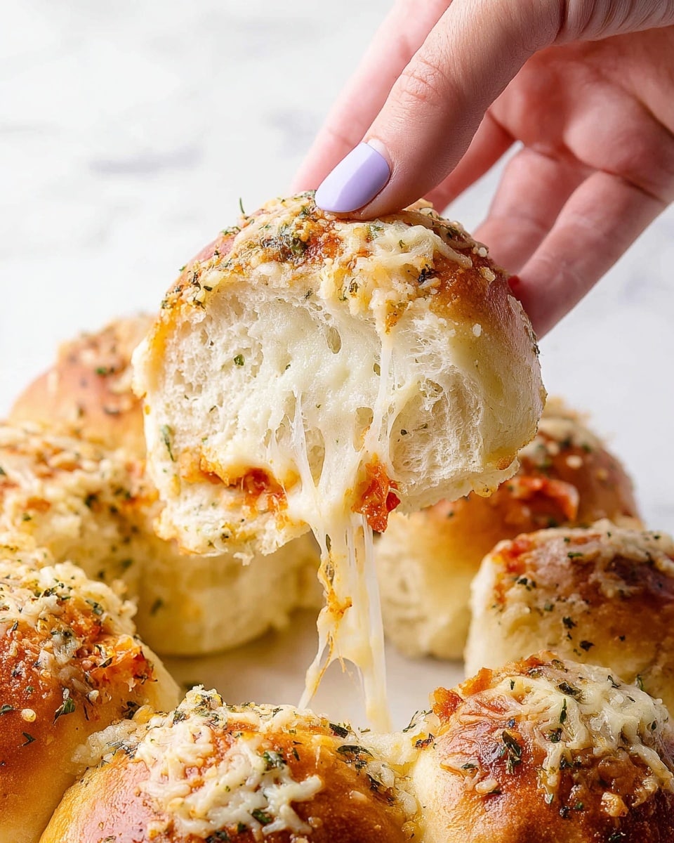 A woman's hand with light purple nail polish is pulling apart a soft, round golden-brown bread roll covered with shredded cheese and herbs on top. The inside of the bread roll is pale and fluffy with a stretchy layer of melted white cheese pulling between the two separated halves. There are small bits of red, likely pepperoni or similar, mixed inside the melted cheese layer. The bread rolls are placed together on a surface with a white marbled texture, showing multiple golden buns with similar cheese and herb topping around the pulled-apart piece. photo taken with an iphone --ar 4:5 --v 7