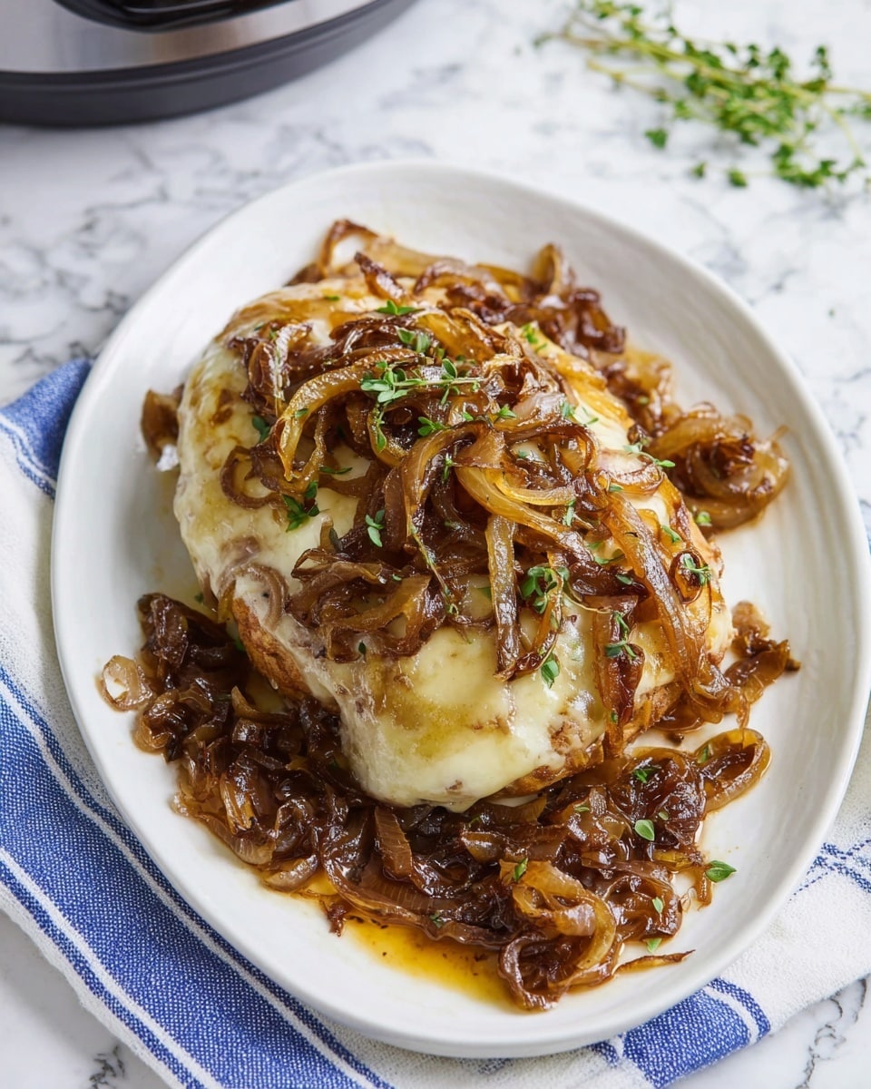 A thick slice of browned meatloaf with a coarse texture is placed in the center of a white plate. The meatloaf has a slightly rough, cooked ground beef interior and is topped with soft, golden caramelized onions that glisten with sauce. The onions also spread around the base of the meatloaf, pooling on the plate, with small green herb sprigs used as garnish. The plate is set on a white marbled surface with a blurred background that includes a digital kitchen appliance and a glass bowl. photo taken with an iphone --ar 4:5 --v 7