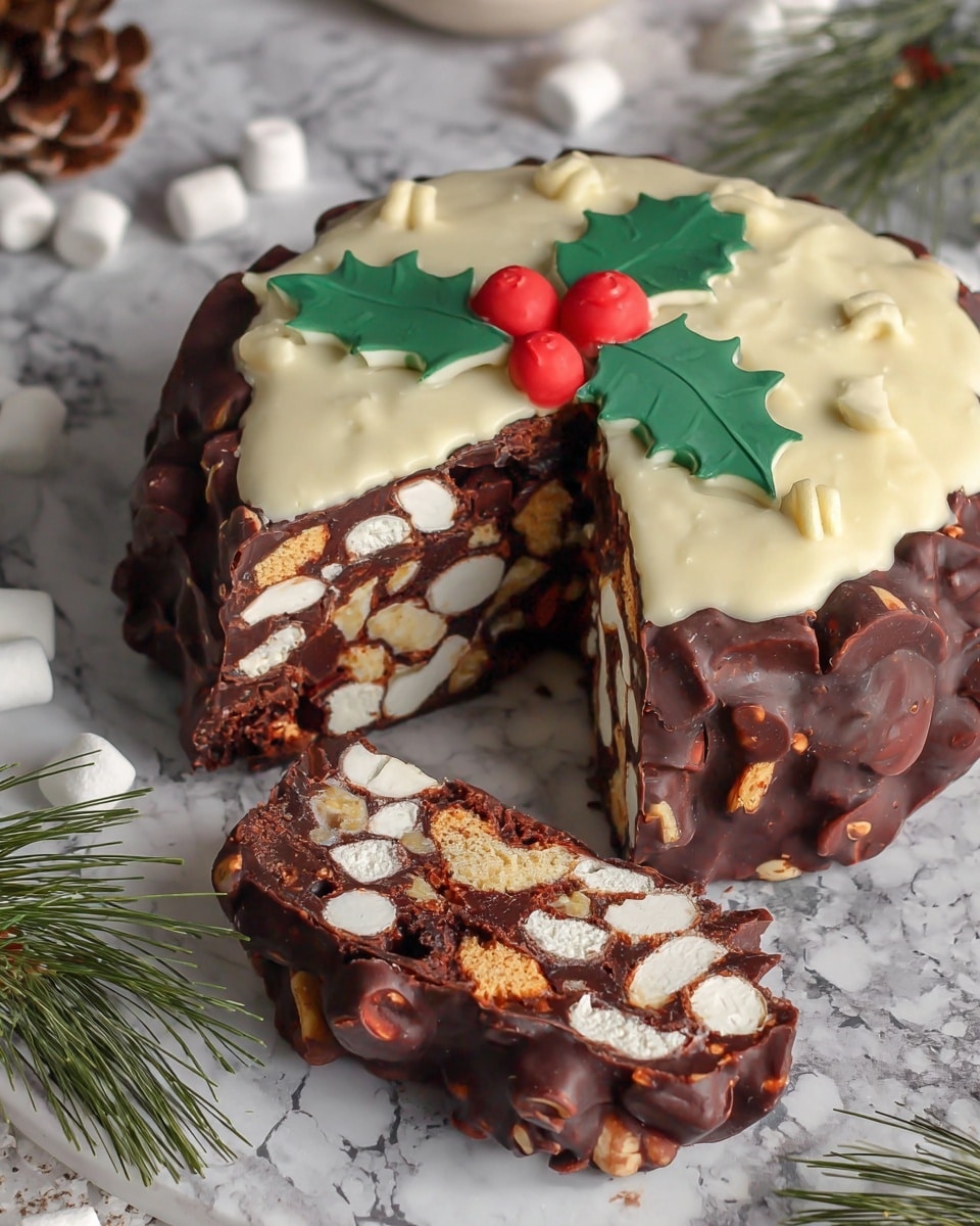 A small round dessert with three main layers sits at the center of a white marbled surface. The bottom layer is dark brown chocolate with a rough, textured look and light nut pieces embedded throughout. On top of this is a smooth, creamy beige layer spread irregularly, resembling soft icing or cream dripping slightly over the edges. At the very top, there are three green frosting leaves with detailed veins and texture arranged in a star shape, and three small round red berries in the middle, made from icing. The dessert is on a round plate with a pale pink and black speckled pattern. Scattered around are small white marshmallows and two silver forks lie nearby. In the background, some greenery and warm fairy lights add a festive touch. Photo taken with an iphone --ar 4:5 --v 7