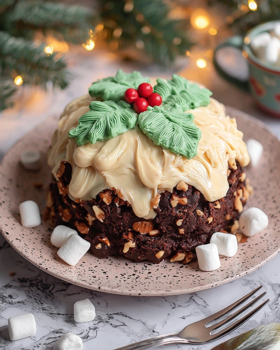 The image shows a round chocolate dessert with three main visible layers: the top layer is covered in smooth off-white icing decorated with three green holly leaves and three red berries in the center, adding a festive look; the middle layer consists of a rich dark chocolate mixed with white marshmallows and light brown biscuit pieces, creating a textured mosaic effect; the outer edge of the dessert is coated in dark chocolate with bits of nuts visible, giving a slightly rough texture. A slice has been cut and placed in front, showing the layers clearly. The dessert sits on a white marbled surface with some small white marshmallows and a green pine branch nearby, adding a seasonal touch. Photo taken with an iphone --ar 4:5 --v 7