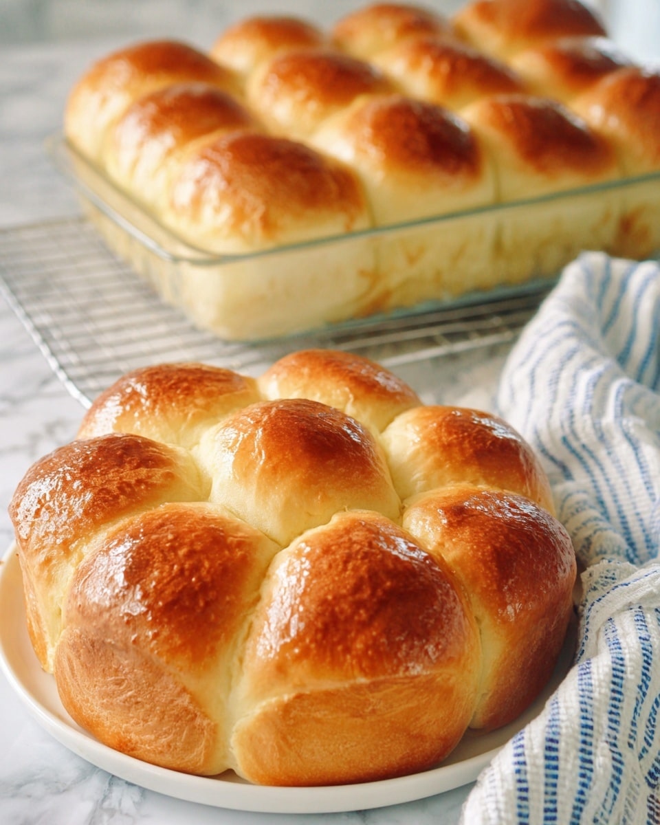 Two freshly baked breads are displayed on a white marbled surface. In the foreground, a round bread consists of 12 golden brown rolls with a shiny, smooth crust and soft texture, arranged tightly side-by-side on a white plate. Each roll has a slightly twisted top and a darker baked peak. In the background, a rectangular loaf of bread with four large rolls features a similar golden brown crust and soft interior, baked in a clear glass pan resting on a cooling rack. A white cloth with blue stripes lies casually to the right, adding a cozy touch. Photo taken with an iphone --ar 4:5 --v 7