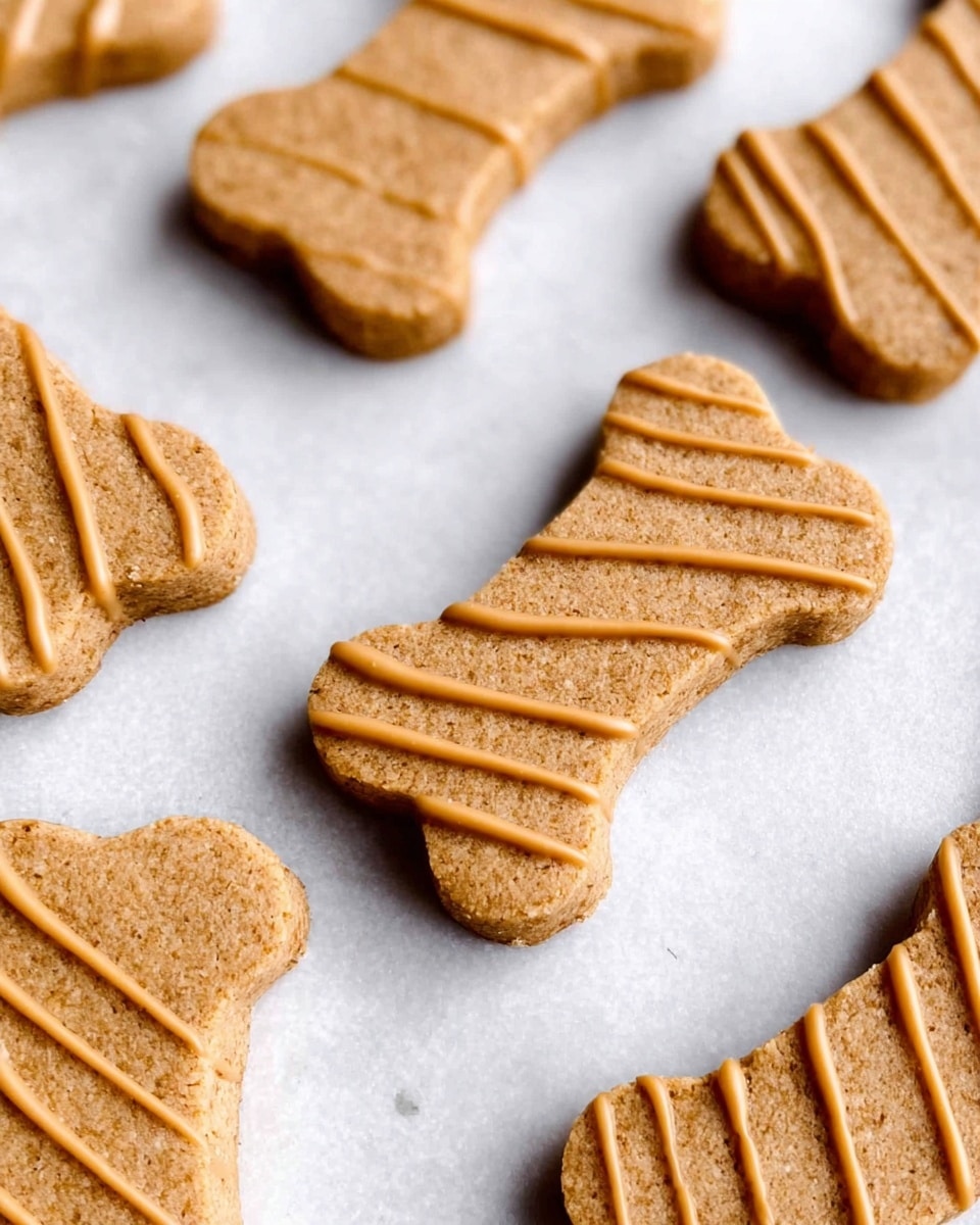 Several bone-shaped cookies are placed on a white marbled surface in a scattered arrangement. Each cookie has a golden-brown color with a slightly coarse texture, and all are decorated with thin, even diagonal lines of light caramel or peanut butter-colored icing drizzled on top. The cookies have a slightly rough edge, showing they are homemade. The light on the cookies highlights their texture and the shine of the icing, giving a fresh-baked appeal. photo taken with an iphone --ar 4:5 --v 7