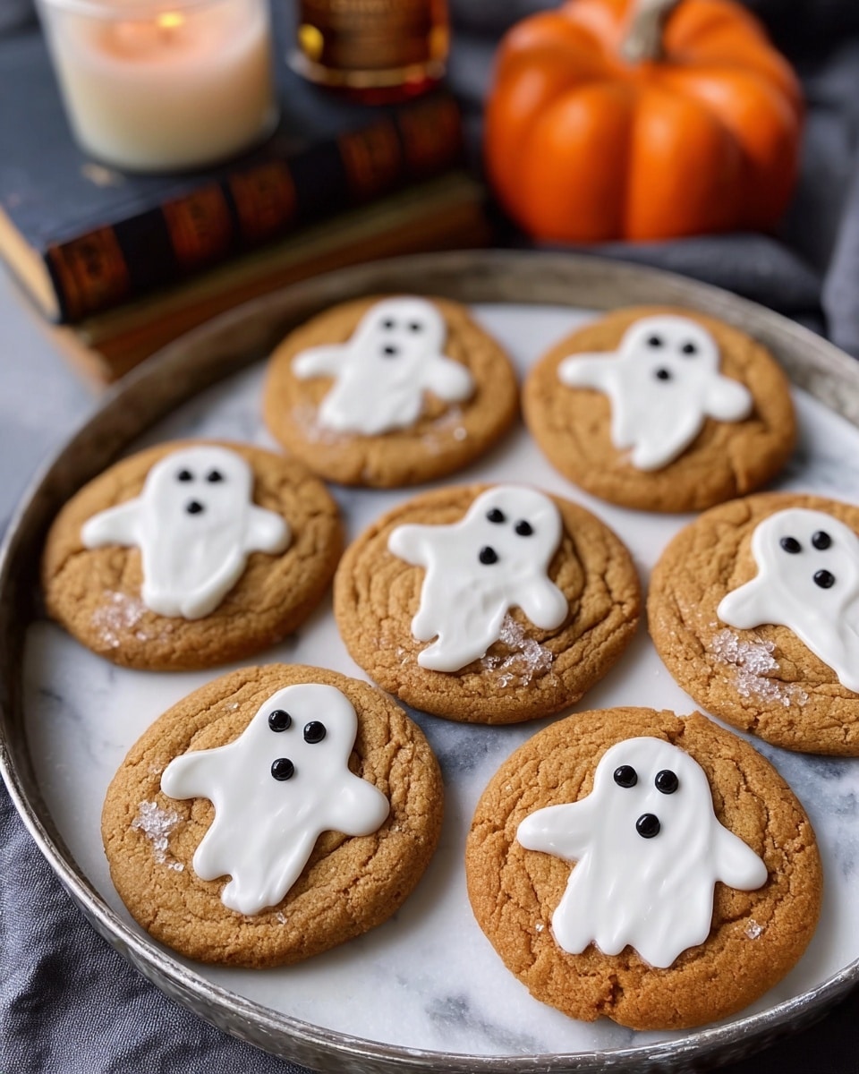 The image shows a white marbled surface holding a metal tray with seven round, soft brown cookies. Each cookie is decorated with a white ghost shape made from smooth icing, varying slightly in size and shape, placed mostly in the center or slightly off-center of the cookie. Each ghost has three small black dots for eyes and a mouth, made from tiny candy pieces or icing. The cookies have a slightly cracked texture and light sugar crystals sprinkled on top. In the background on the white marbled surface, there is a small orange pumpkin-shaped candle beside some old books and a dark amber bottle. Photo taken with an iphone --ar 4:5 --v 7
