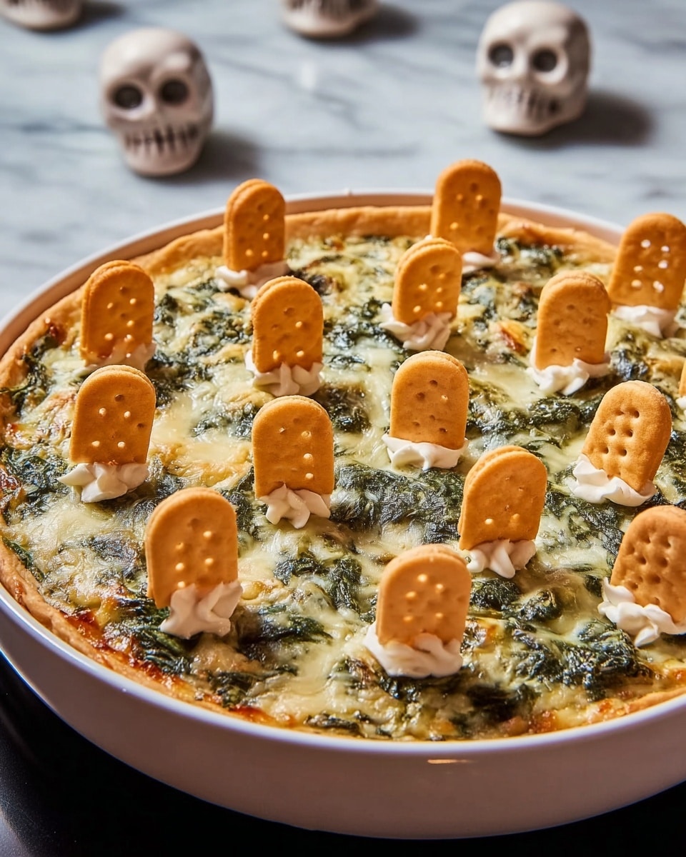 The dish is a round pie in a white dish with a golden crust edge. The top layer is a melted mix of white and green, where the green is spinach spread evenly, and there are white dollops of cheese or cream placed in a grid pattern across the surface. Between these dollops, orange cookie-like wafers with small holes are standing upright, evenly spaced and poking out of the pie. The background shows skull-shaped decorations slightly blurred, giving a festive vibe. The surface beneath the dish has a white marbled texture. photo taken with an iphone --ar 4:5 --v 7