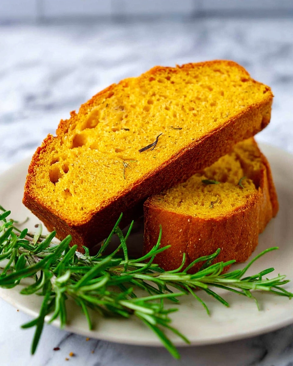 The image shows two slices of golden brown bread stacked on a white plate on a white marbled surface. The bread slices have a textured, porous interior with a warm yellow-orange color, and the crust has a crisp, browned look with bits of rosemary on top. Fresh green rosemary sprigs are placed beneath the bread slices, adding a touch of color and freshness. Photo taken with an iphone --ar 4:5 --v 7