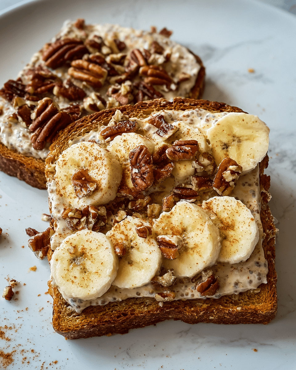 Two slices of toasted brown bread lie on a white plate with a white marbled texture underneath. The slice in the front has three layers: the bottom is golden brown toast, the middle layer is creamy with visible chia seeds mixed in, topped with a row of banana slices that are pale yellow and slightly soft in texture. The final top layer is sprinkled with chopped pecans scattered unevenly across the bananas and creamy spread, with a light dusting of cinnamon powder adding specks of reddish-brown. The second slice behind it has a similar creamy spread and pecan topping but no banana, showing a more textured surface. Small pecan crumbs are scattered around the plate. Photo taken with an iphone --ar 4:5 --v 7