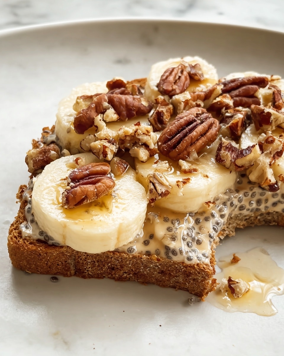 A close-up of one slice of brown toast with a bite taken from the bottom right, spread with a creamy layer that has black chia seeds mixed in. On top of this are three thick, round banana slices, each light yellow with a smooth texture, layered near the center. Scattered generously over the banana slices are crunchy, uneven pieces of pecans, showing a mix of deep brown and lighter tan colors. A thin layer of honey glistens on the top and drips slightly onto the white plate beneath, which rests on a white marbled surface. photo taken with an iphone --ar 4:5 --v 7