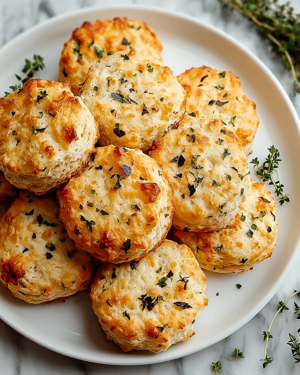 A white plate is filled with a stack of round, golden-brown biscuits that look soft and flaky. Each biscuit has a slightly uneven, rustic shape with a light crust on the outside, showing patches of light yellow cheese melted on top. There are small bits of green herbs spread all over the biscuits, adding specks of color and texture. The biscuits are piled closely together, and a few tiny leaves of fresh thyme are scattered around the plate. The background shows a white marbled texture with faint hints of orange pumpkin and a striped cloth on the side. photo taken with an iphone --ar 4:5 --v 7