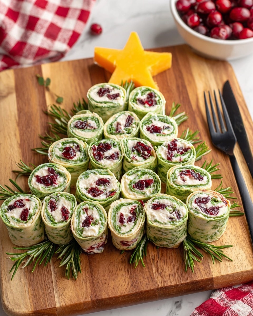 The image shows a Christmas tree shape made with 25 green spinach wrap pinwheels filled with white cream cheese and red dried cranberries, arranged in five horizontal layers on a light brown wooden cutting board. The top layer has one pinwheel, the second layer has two, the third has three, the fourth has six, and the bottom layer has 12 pinwheels forming the base and tree trunk. Green rosemary sprigs are placed between the pinwheels to mimic pine branches. At the top of the tree is a bright yellow star-shaped cheddar cheese cutout. On the bottom right, two black forks rest on the board. The background is a white marbled texture with a blurred white bowl containing cranberries and a red and white checkered cloth. Photo taken with an iphone --ar 4:5 --v 7